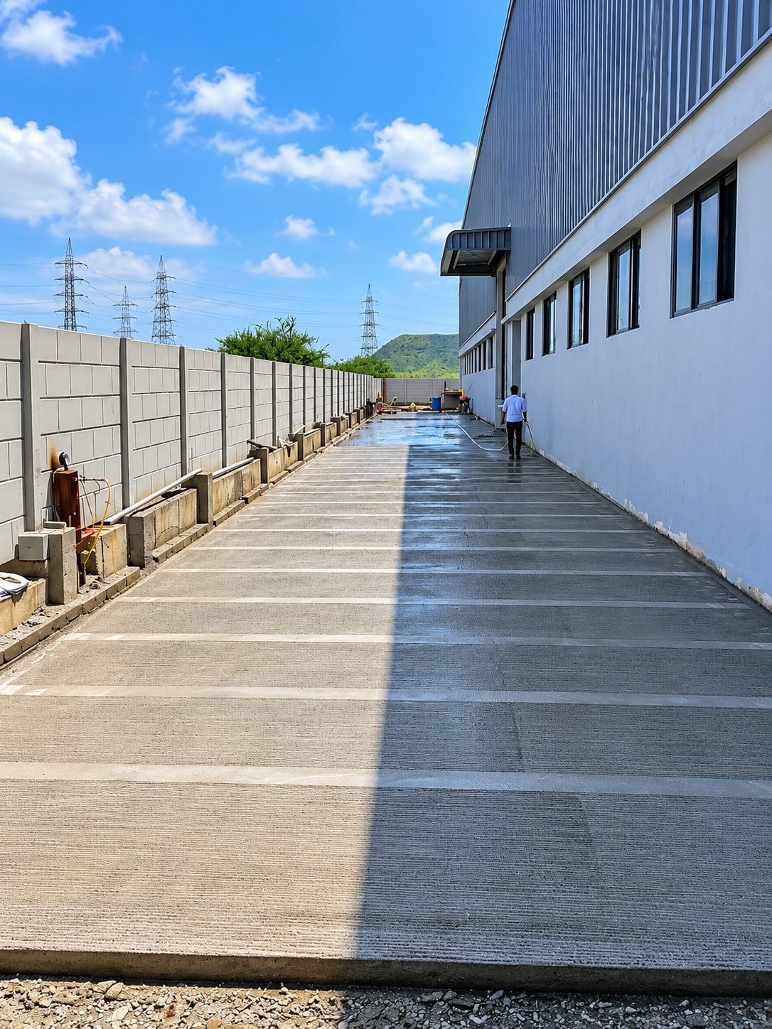 Concrete service lane along the building wall